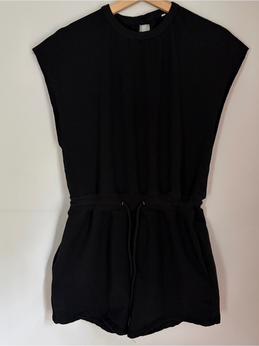 Black Drawstring Short Romper with Open Back